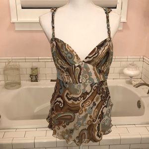 Trina Turk camisole top with braided straps, brown, tan,turquoise, ivory Size Lg